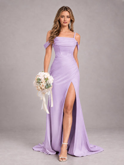 Lilac Trendy Spaghetti Straps Off The Shoulder Sweep Train Satin Bridesmaid Dress