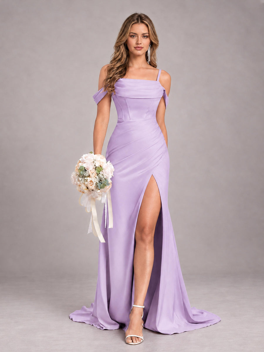 Lilac Trendy Spaghetti Straps Off The Shoulder Sweep Train Satin Bridesmaid Dress