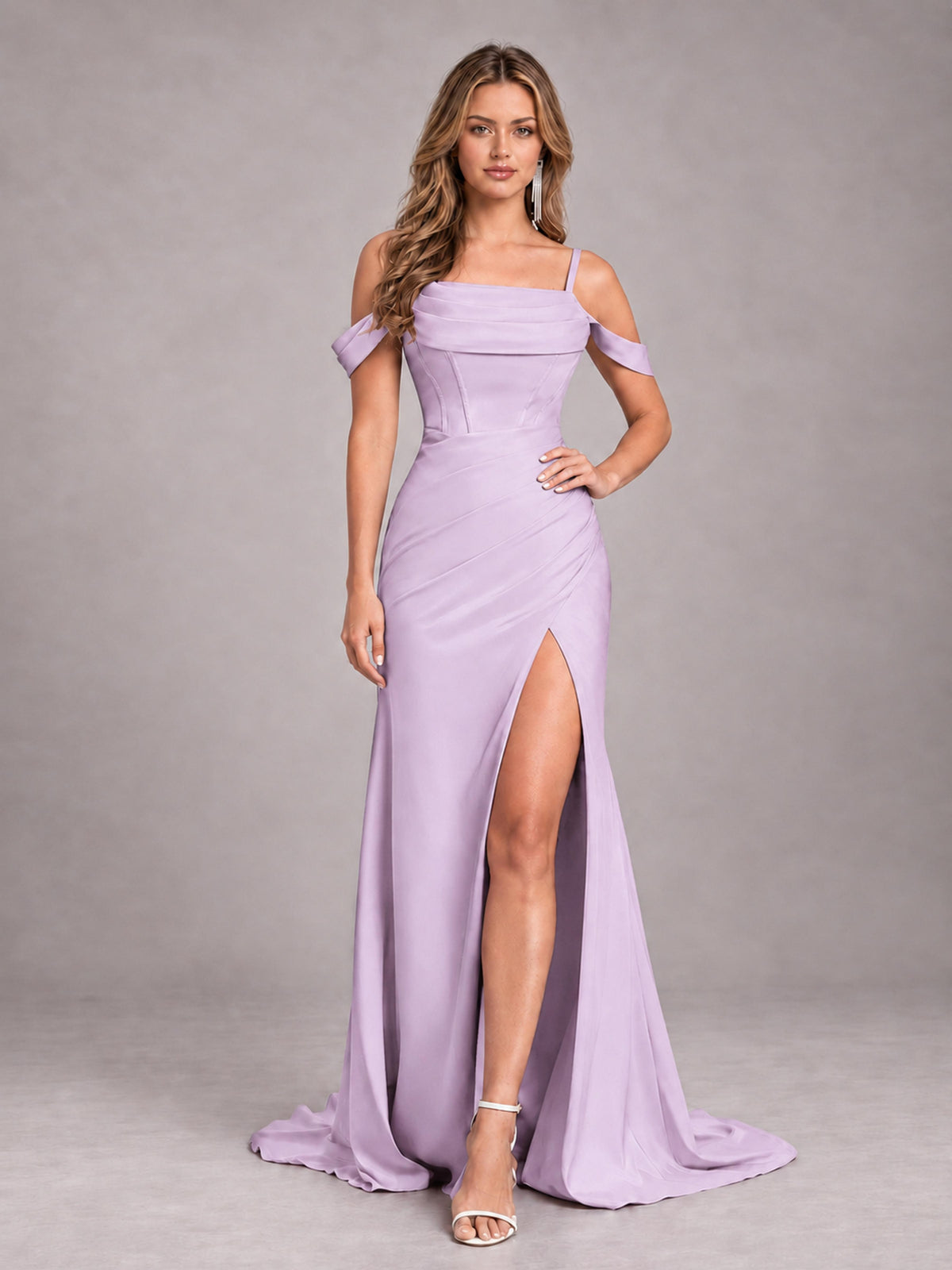 Lilac Trendy Spaghetti Straps Off The Shoulder Sweep Train Satin Bridesmaid Dress