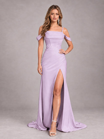 Lilac Trendy Spaghetti Straps Off The Shoulder Sweep Train Satin Bridesmaid Dress