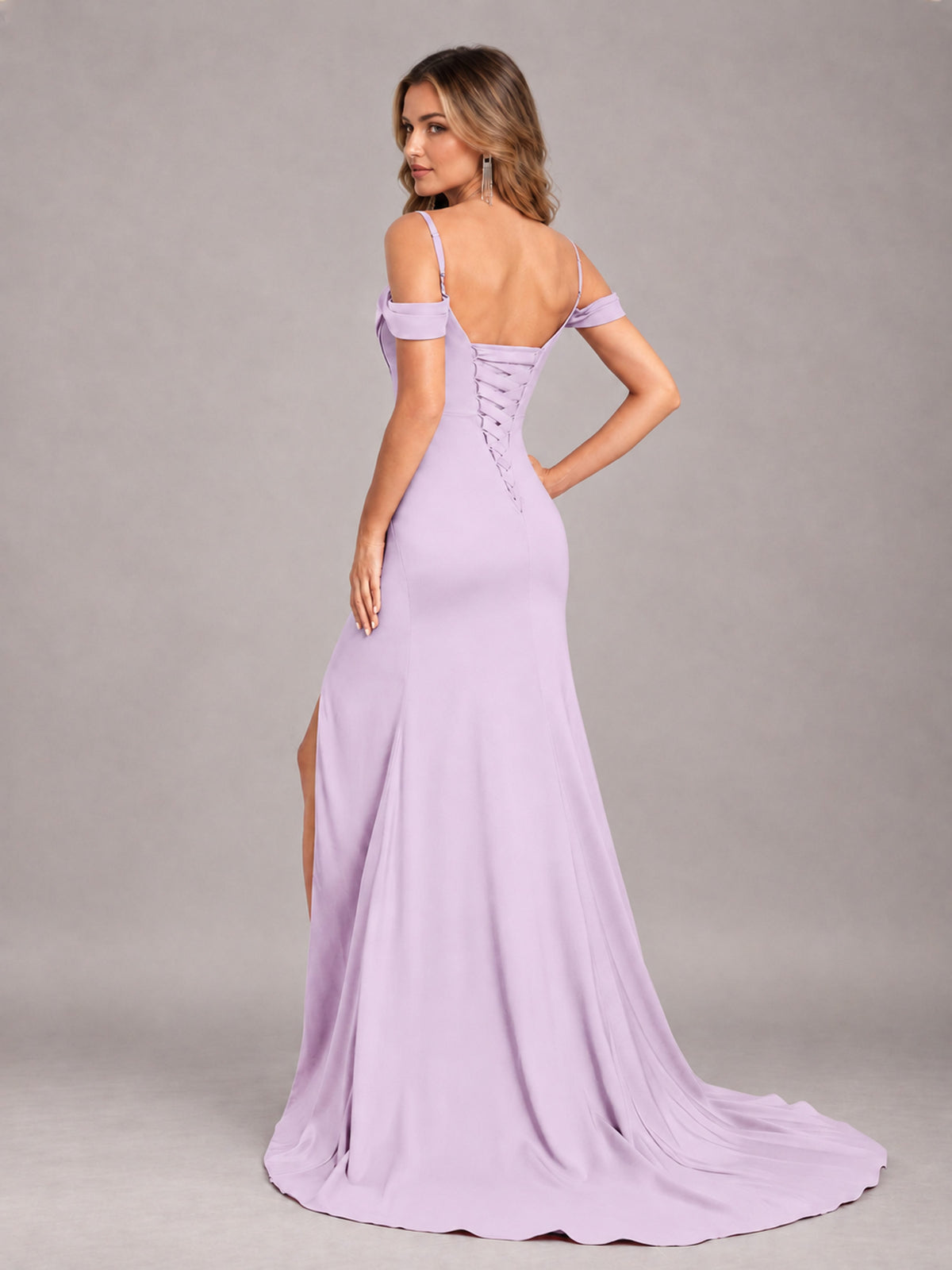 Lilac Trendy Spaghetti Straps Off The Shoulder Sweep Train Satin Bridesmaid Dress