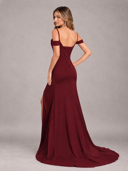 Maroon Trendy Spaghetti Straps Off The Shoulder Sweep Train Satin Bridesmaid Dress
