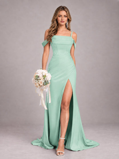 Mint Green Trendy Spaghetti Straps Off The Shoulder Sweep Train Satin Bridesmaid Dress
