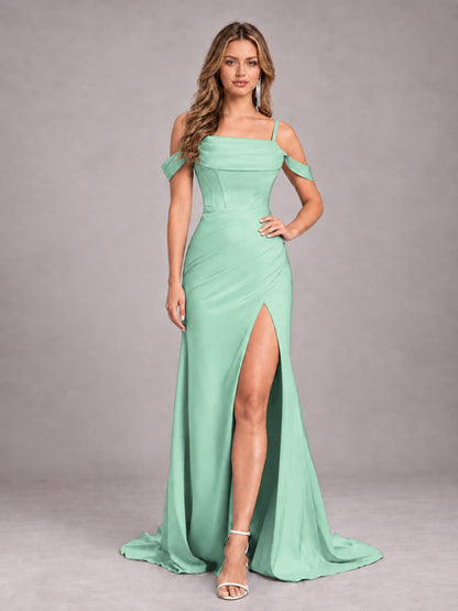 Mint Green Trendy Spaghetti Straps Off The Shoulder Sweep Train Satin Bridesmaid Dress