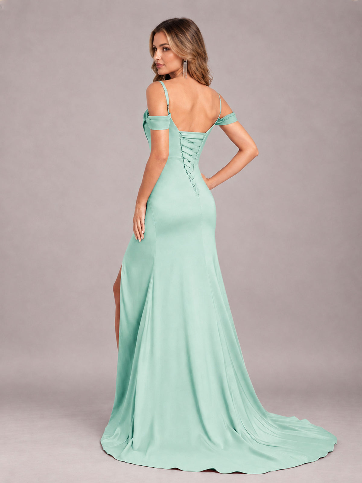 Mint Green Trendy Spaghetti Straps Off The Shoulder Sweep Train Satin Bridesmaid Dress