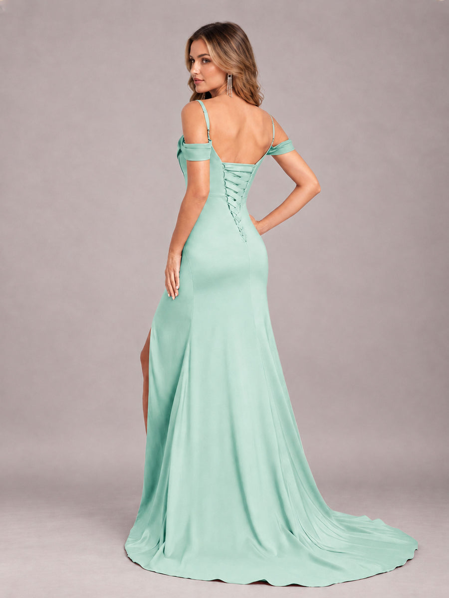 Mint Green Trendy Spaghetti Straps Off The Shoulder Sweep Train Satin Bridesmaid Dress