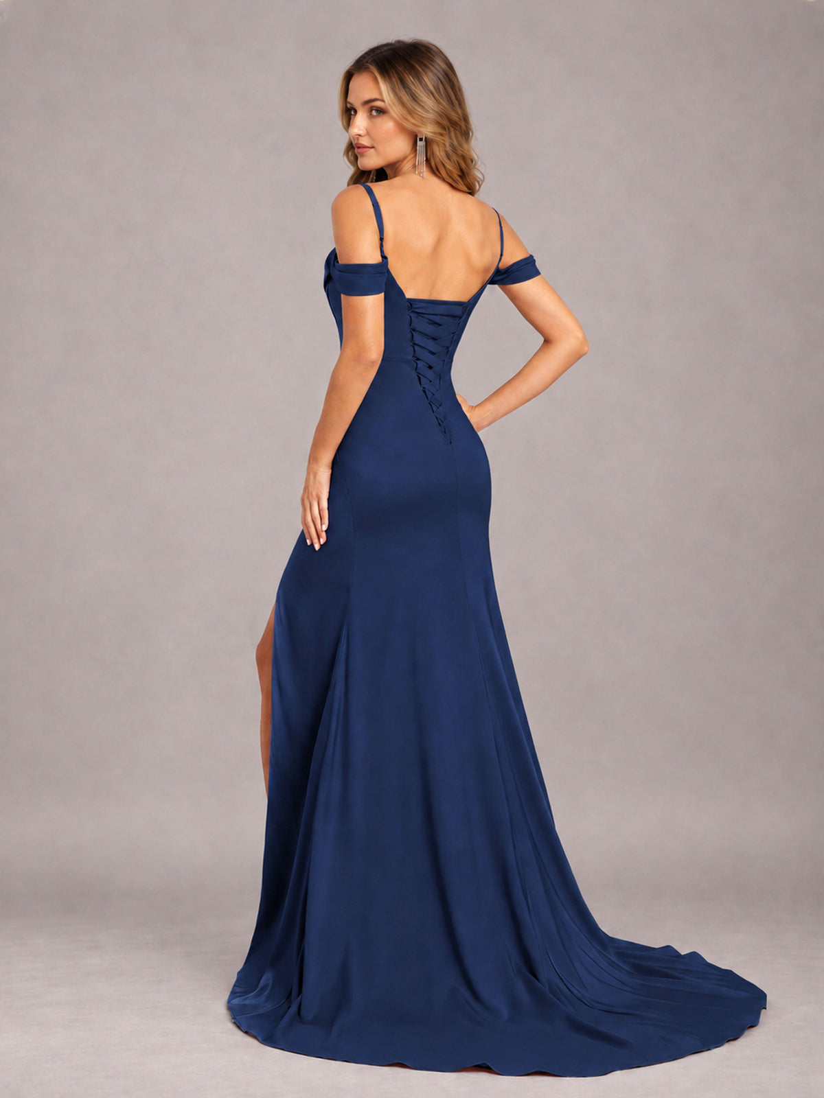 Navy Blue Trendy Spaghetti Straps Off The Shoulder Sweep Train Satin Bridesmaid Dress