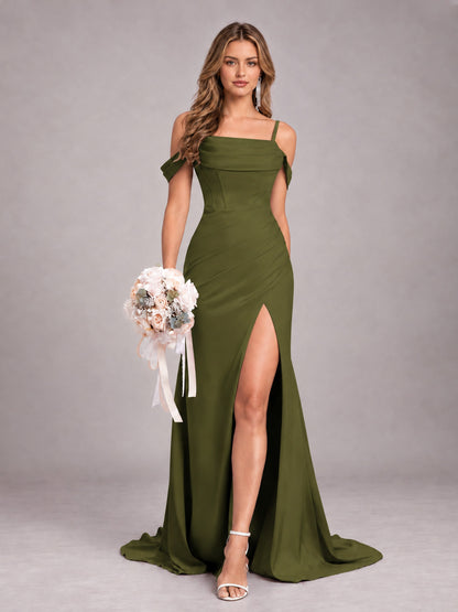 Olive Green Trendy Spaghetti Straps Off The Shoulder Sweep Train Satin Bridesmaid Dress