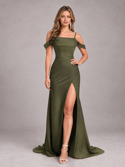 Olive Green Trendy Spaghetti Straps Off The Shoulder Sweep Train Satin Bridesmaid Dress