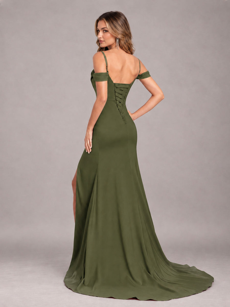 Olive Green Trendy Spaghetti Straps Off The Shoulder Sweep Train Satin Bridesmaid Dress
