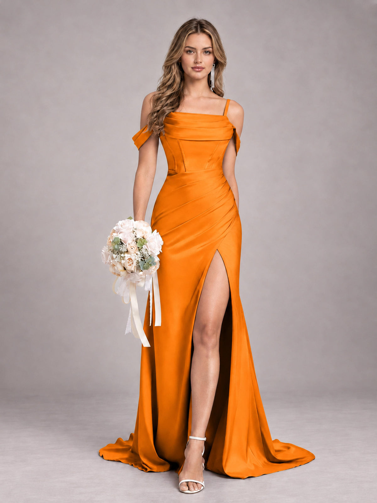Orange Trendy Spaghetti Straps Off The Shoulder Sweep Train Satin Bridesmaid Dress