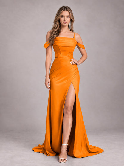 Orange Trendy Spaghetti Straps Off The Shoulder Sweep Train Satin Bridesmaid Dress