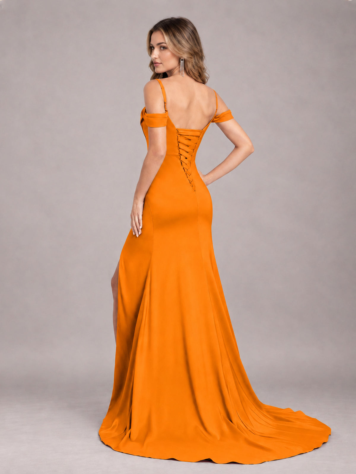 Orange Trendy Spaghetti Straps Off The Shoulder Sweep Train Satin Bridesmaid Dress