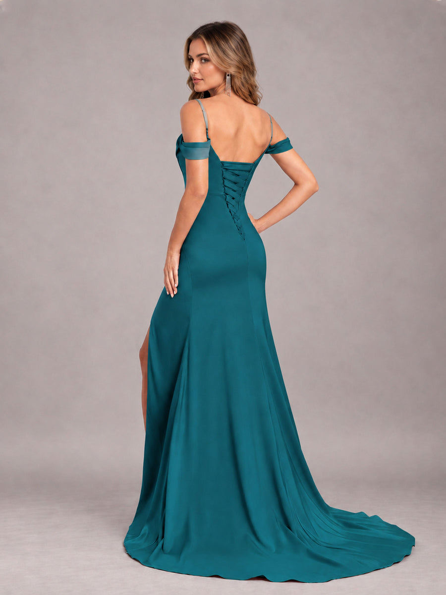 Peacock Trendy Spaghetti Straps Off The Shoulder Sweep Train Satin Bridesmaid Dress