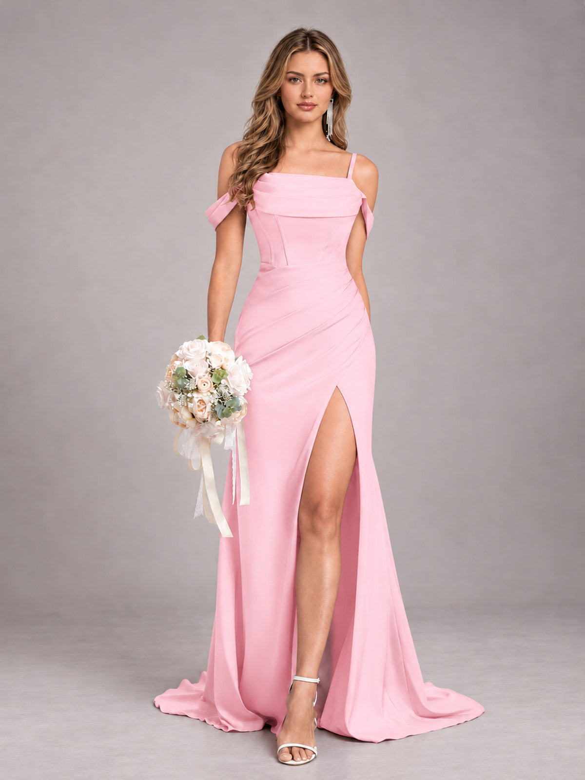 Pink Trendy Spaghetti Straps Off The Shoulder Sweep Train Satin Bridesmaid Dress