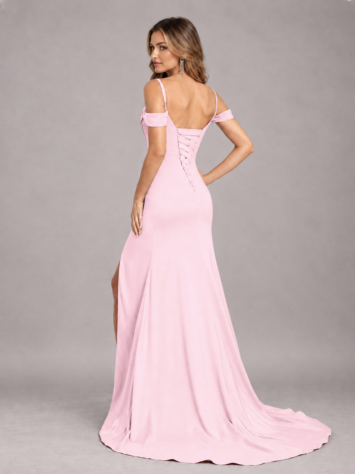 Pink Trendy Spaghetti Straps Off The Shoulder Sweep Train Satin Bridesmaid Dress