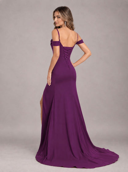 Plum Trendy Spaghetti Straps Off The Shoulder Sweep Train Satin Bridesmaid Dress