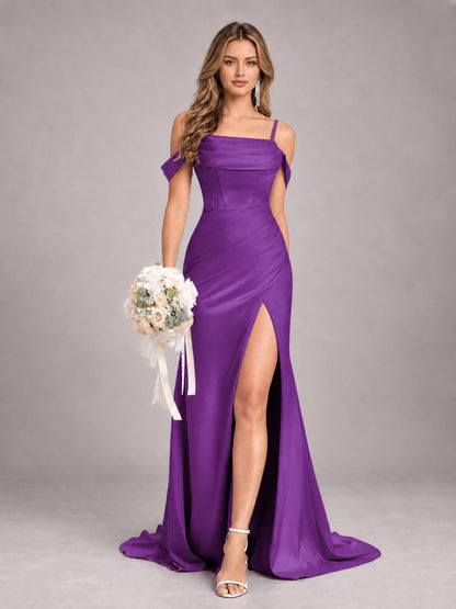 Purple Trendy Spaghetti Straps Off The Shoulder Sweep Train Satin Bridesmaid Dress