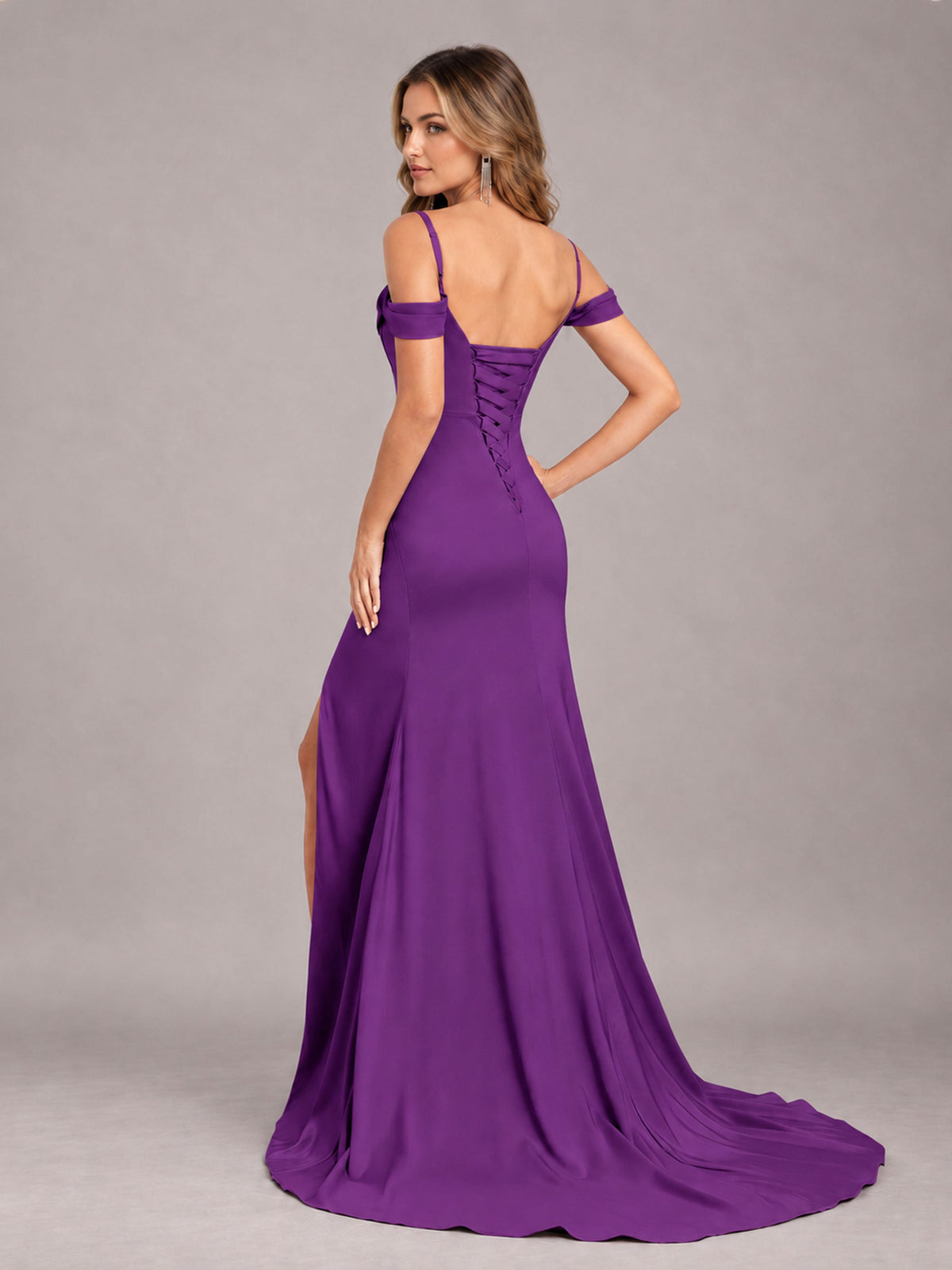 Purple Trendy Spaghetti Straps Off The Shoulder Sweep Train Satin Bridesmaid Dress