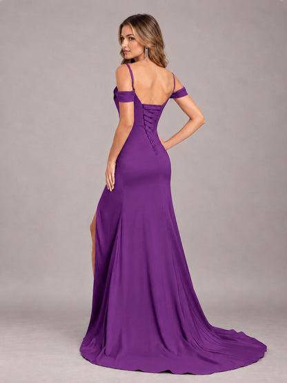 Purple Trendy Spaghetti Straps Off The Shoulder Sweep Train Satin Bridesmaid Dress