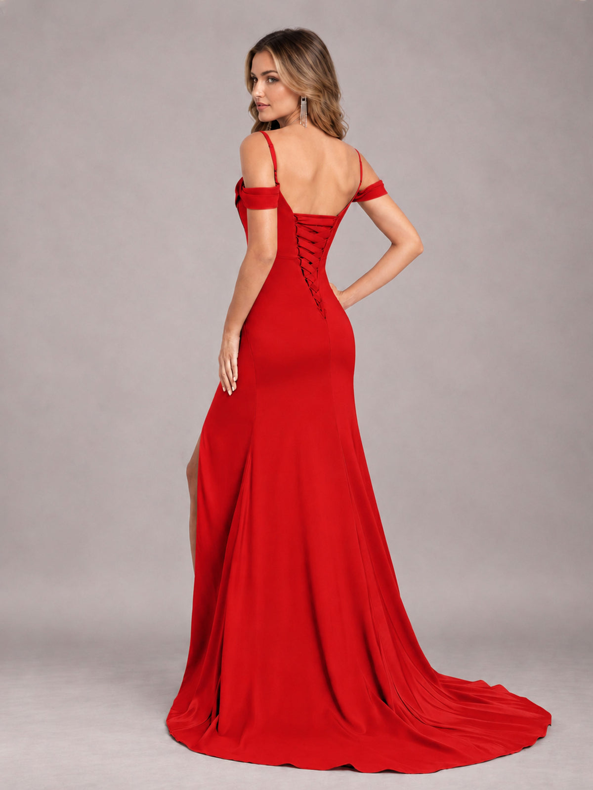 Red Trendy Spaghetti Straps Off The Shoulder Sweep Train Satin Bridesmaid Dress