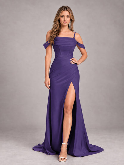 Regency Trendy Spaghetti Straps Off The Shoulder Sweep Train Satin Bridesmaid Dress