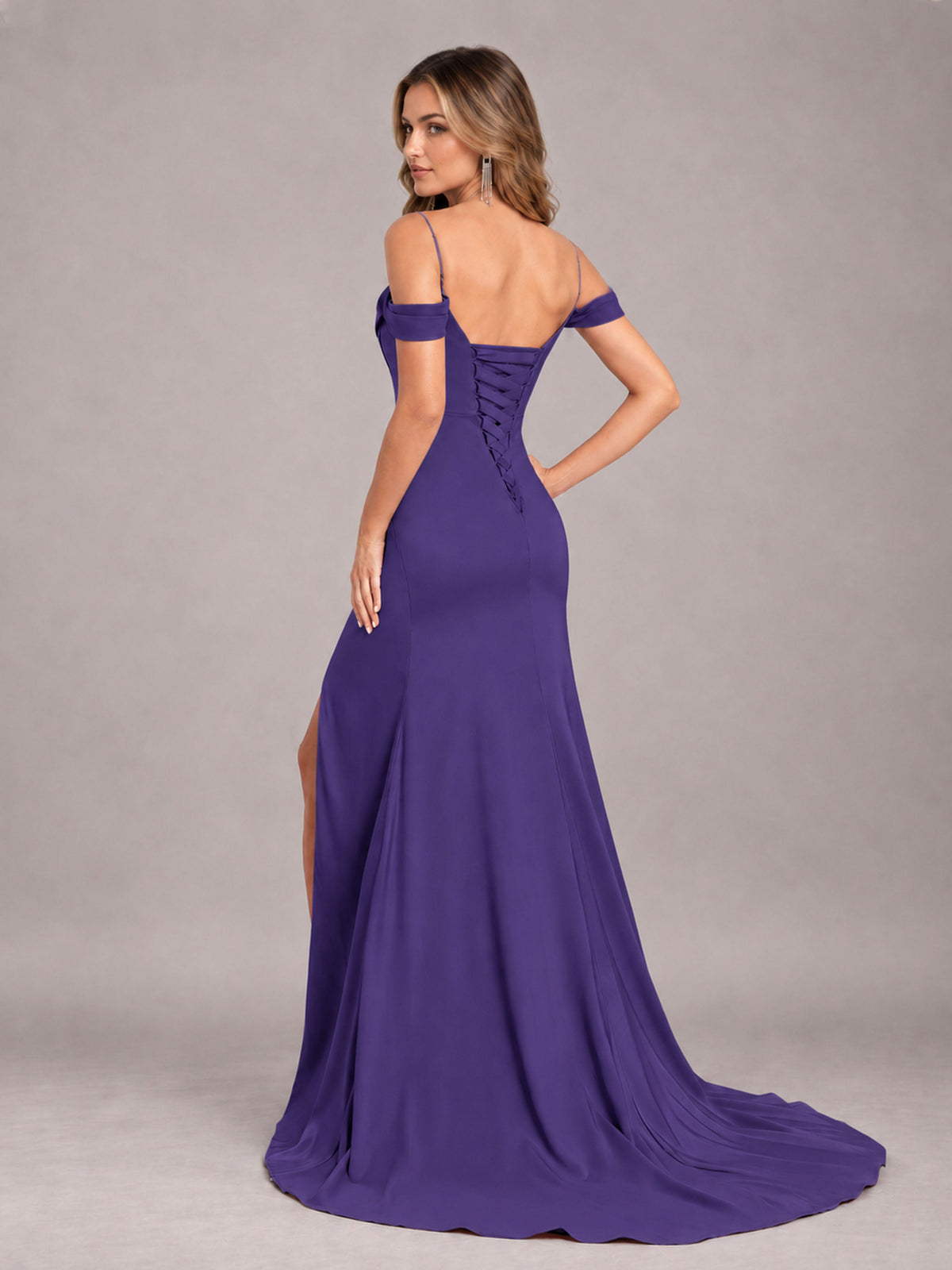 Regency Trendy Spaghetti Straps Off The Shoulder Sweep Train Satin Bridesmaid Dress