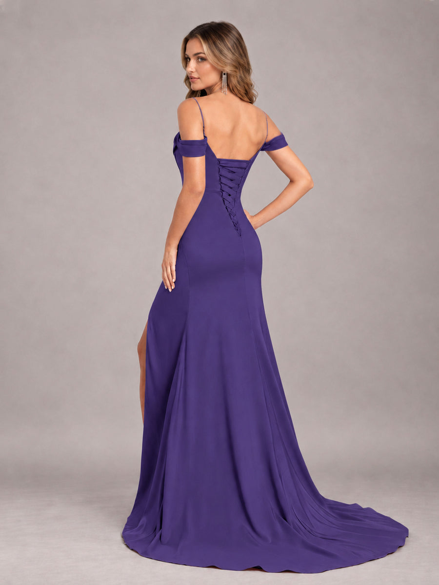 Regency Trendy Spaghetti Straps Off The Shoulder Sweep Train Satin Bridesmaid Dress