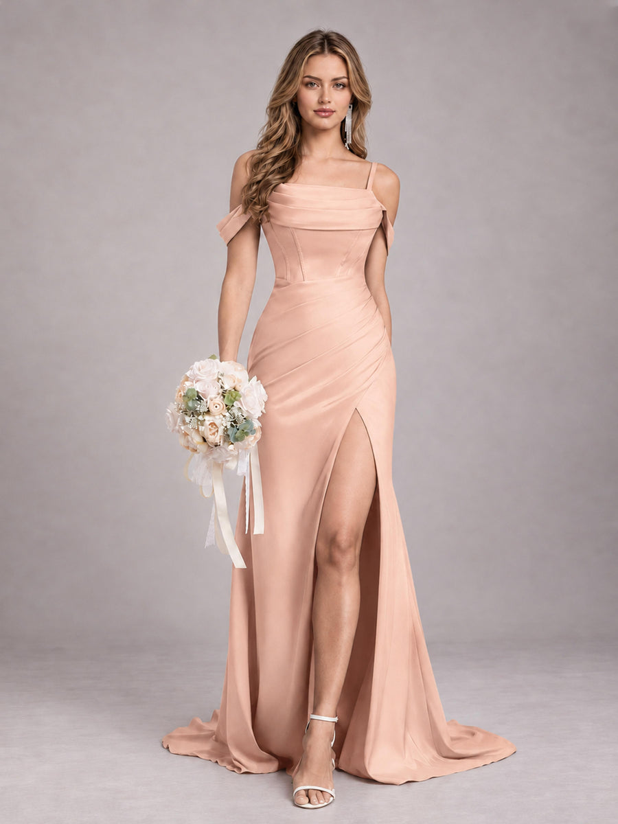 Rose Gold Trendy Spaghetti Straps Off The Shoulder Sweep Train Satin Bridesmaid Dress