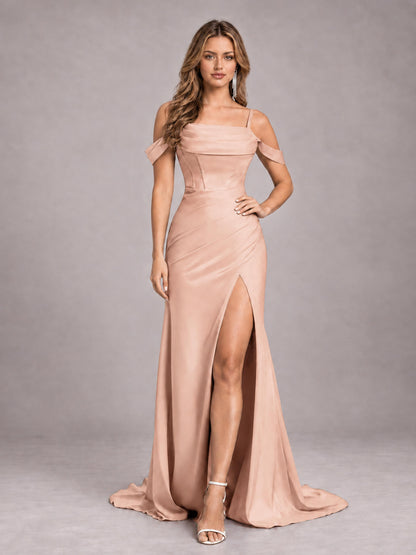Rose Gold Trendy Spaghetti Straps Off The Shoulder Sweep Train Satin Bridesmaid Dress