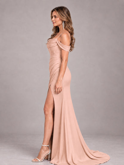 Rose Gold Trendy Spaghetti Straps Off The Shoulder Sweep Train Satin Bridesmaid Dress