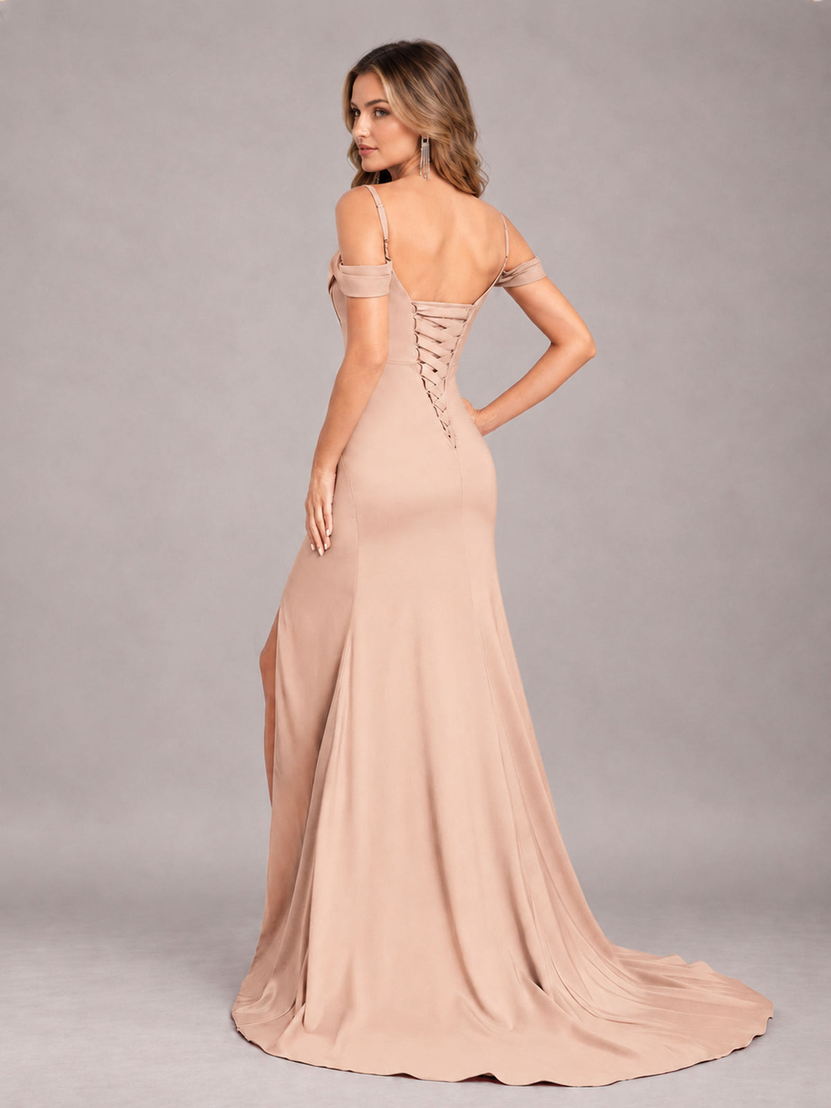 Rose Gold Trendy Spaghetti Straps Off The Shoulder Sweep Train Satin Bridesmaid Dress