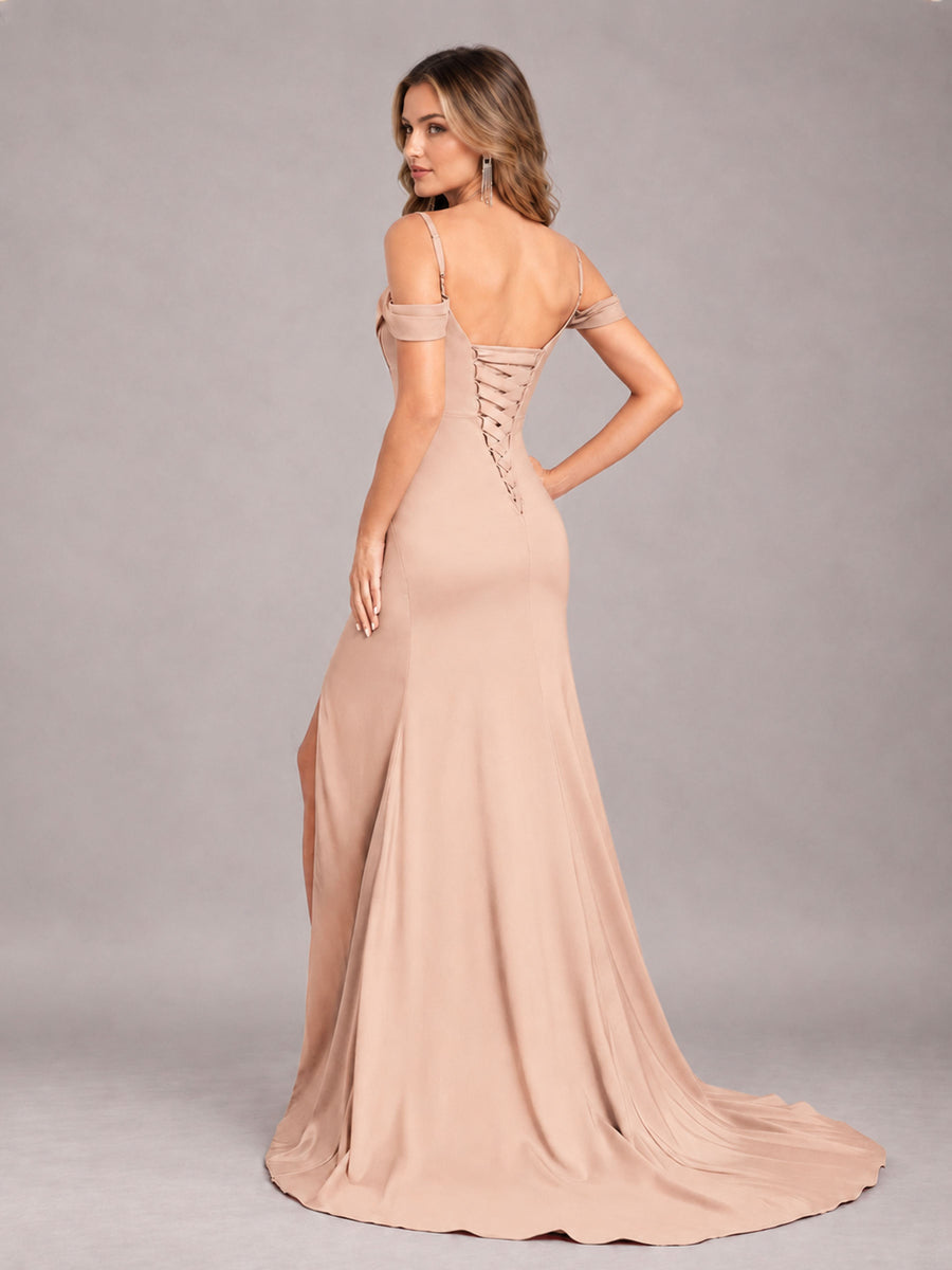 Rose Gold Trendy Spaghetti Straps Off The Shoulder Sweep Train Satin Bridesmaid Dress