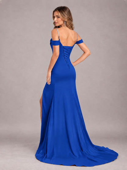 Royal Blue Trendy Spaghetti Straps Off The Shoulder Sweep Train Satin Bridesmaid Dress