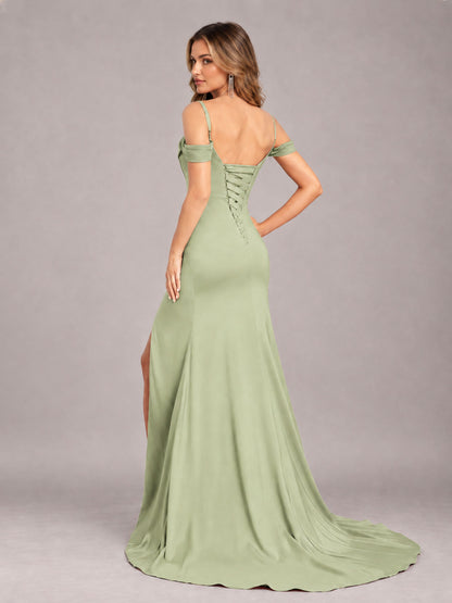 Sage Green Trendy Spaghetti Straps Off The Shoulder Sweep Train Satin Bridesmaid Dress