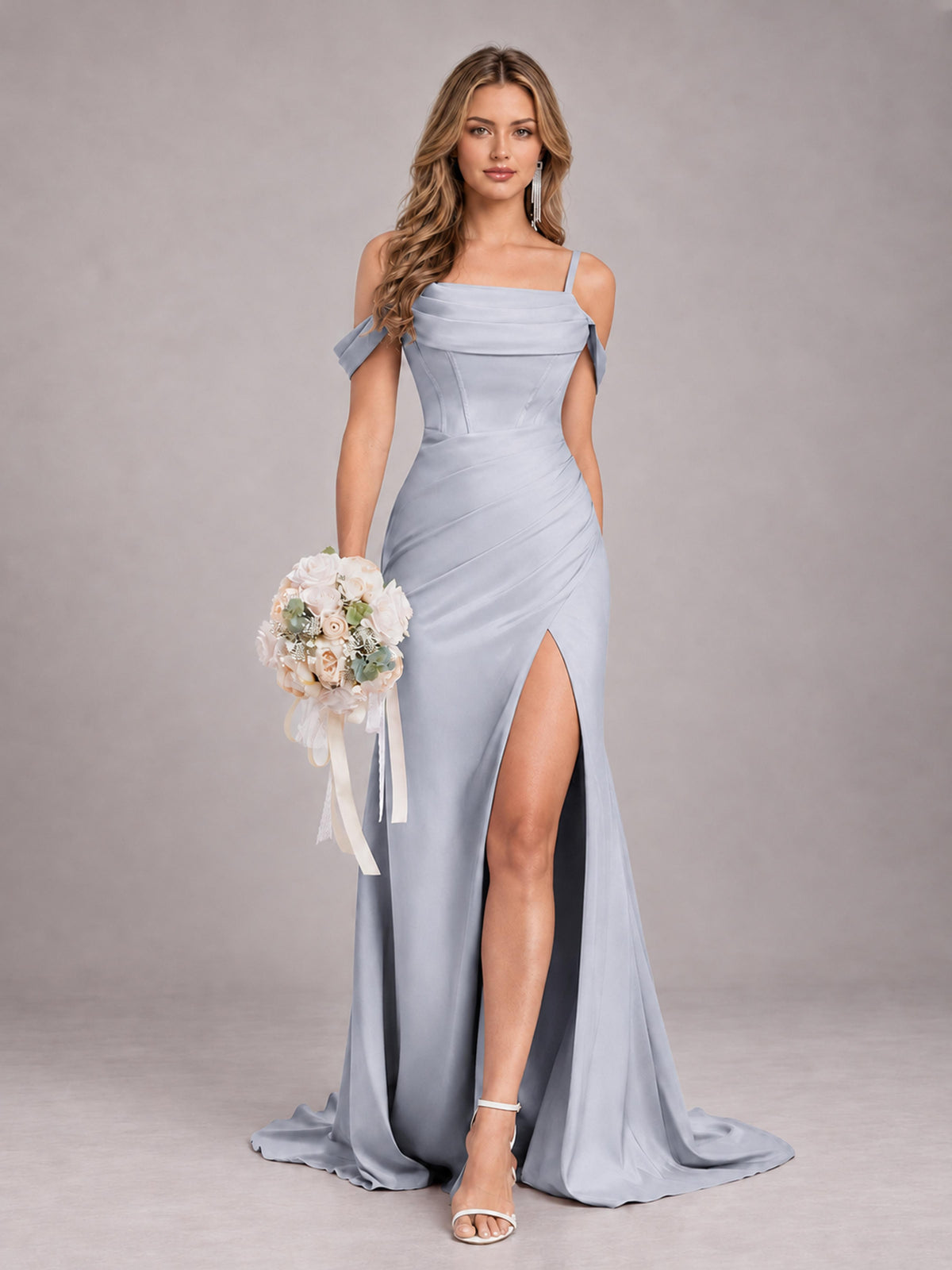 Silver Trendy Spaghetti Straps Off The Shoulder Sweep Train Satin Bridesmaid Dress