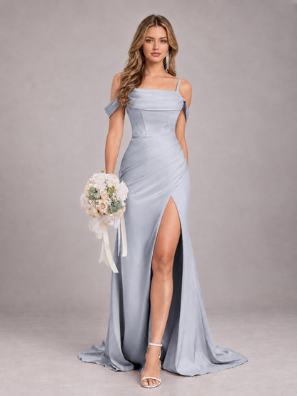 Silver Trendy Spaghetti Straps Off The Shoulder Sweep Train Satin Bridesmaid Dress