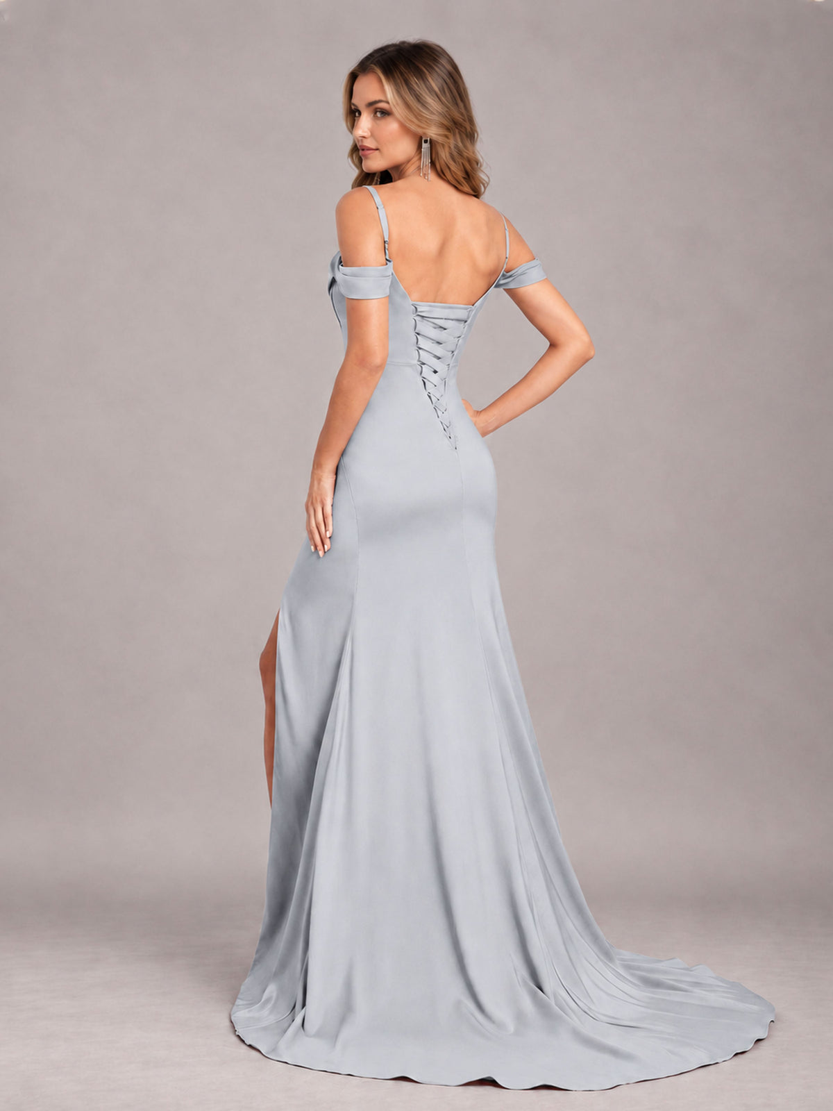 Silver Trendy Spaghetti Straps Off The Shoulder Sweep Train Satin Bridesmaid Dress