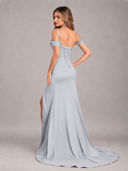 Silver Trendy Spaghetti Straps Off The Shoulder Sweep Train Satin Bridesmaid Dress