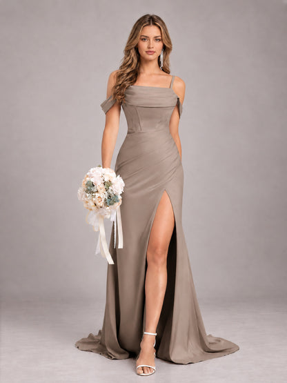Taupe Trendy Spaghetti Straps Off The Shoulder Sweep Train Satin Bridesmaid Dress