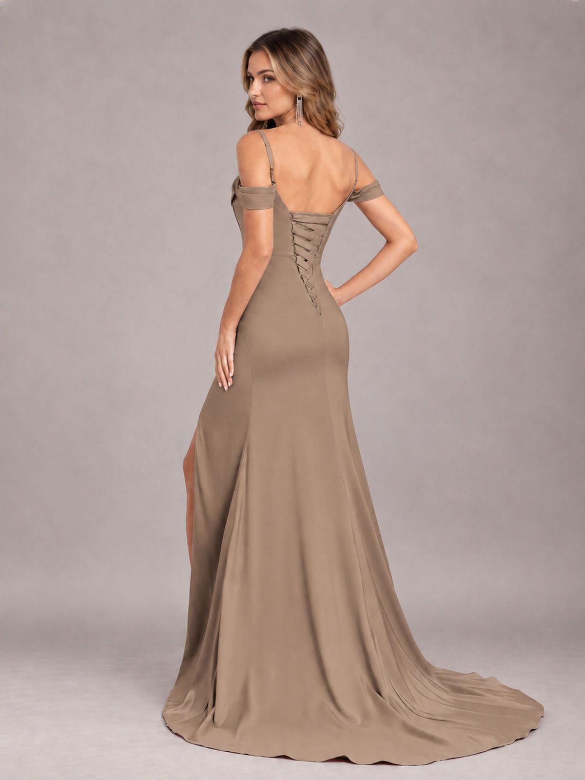 Taupe Trendy Spaghetti Straps Off The Shoulder Sweep Train Satin Bridesmaid Dress