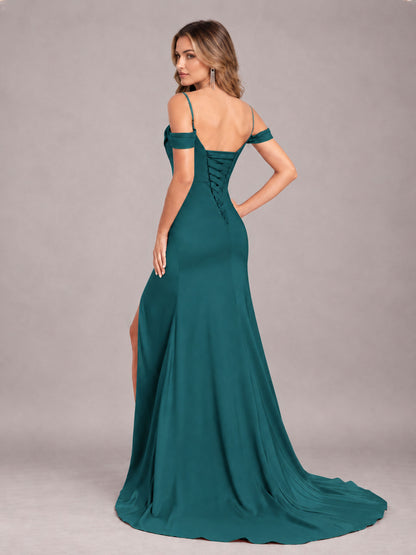 Teal Trendy Spaghetti Straps Off The Shoulder Sweep Train Satin Bridesmaid Dress