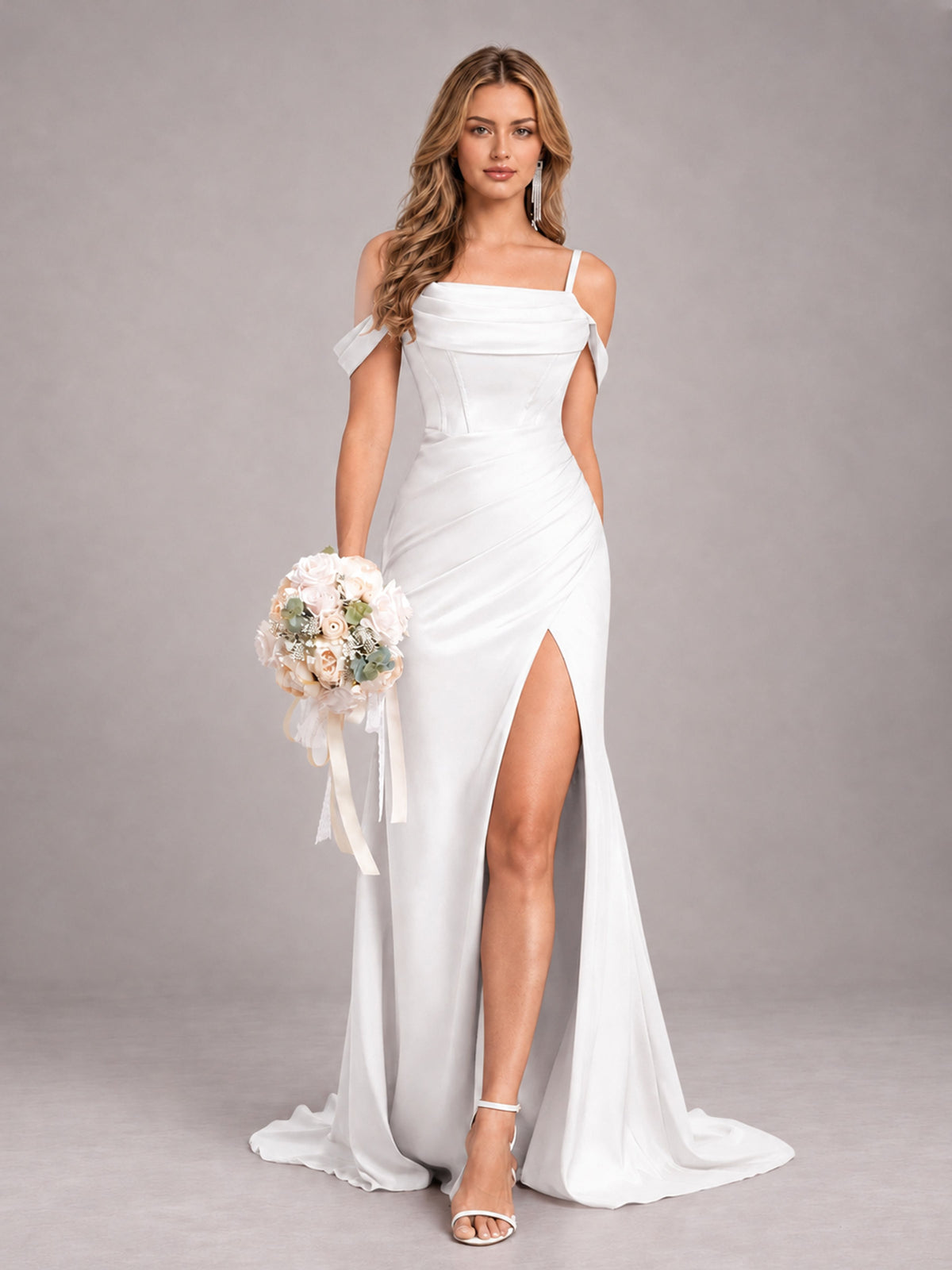 White Trendy Spaghetti Straps Off The Shoulder Sweep Train Satin Bridesmaid Dress