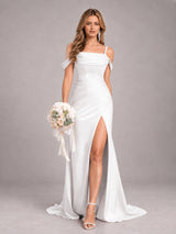 Trendy Spaghetti Straps Off The Shoulder Sweep Train Satin Bridesmaid Dress