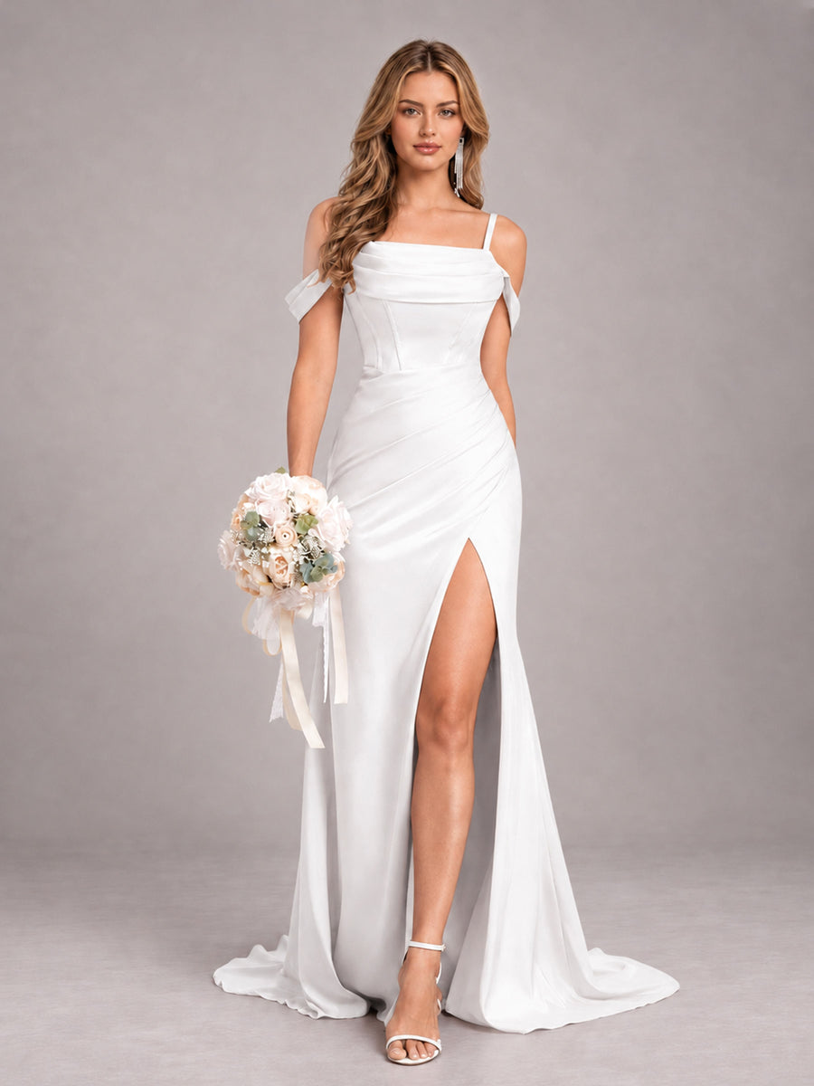 White Trendy Spaghetti Straps Off The Shoulder Sweep Train Satin Bridesmaid Dress