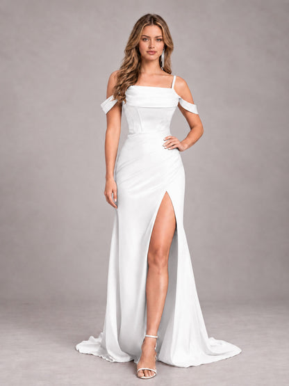 White Trendy Spaghetti Straps Off The Shoulder Sweep Train Satin Bridesmaid Dress
