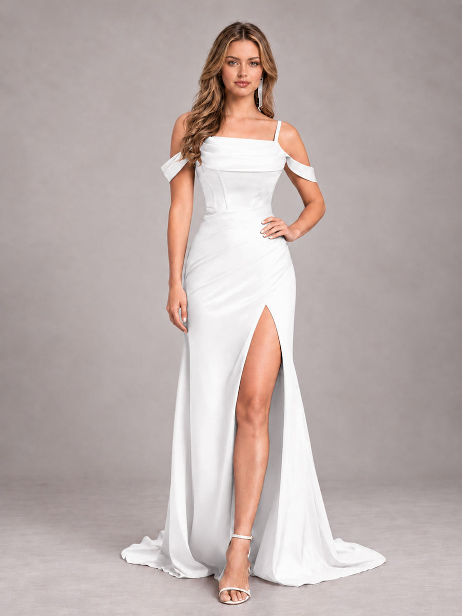 White Trendy Spaghetti Straps Off The Shoulder Sweep Train Satin Bridesmaid Dress