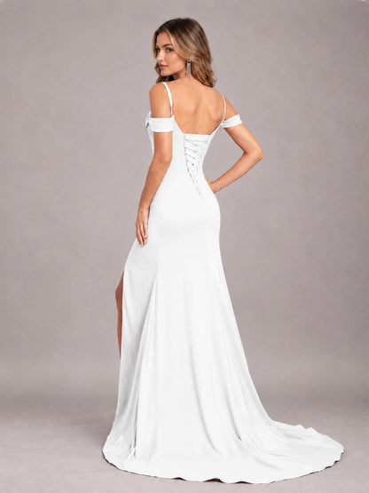 White Trendy Spaghetti Straps Off The Shoulder Sweep Train Satin Bridesmaid Dress