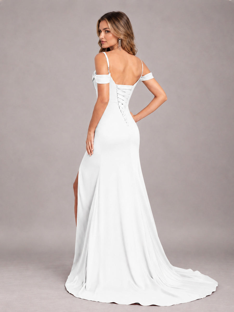 White Trendy Spaghetti Straps Off The Shoulder Sweep Train Satin Bridesmaid Dress