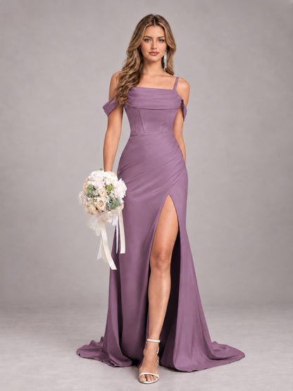 Wisteria Trendy Spaghetti Straps Off The Shoulder Sweep Train Satin Bridesmaid Dress